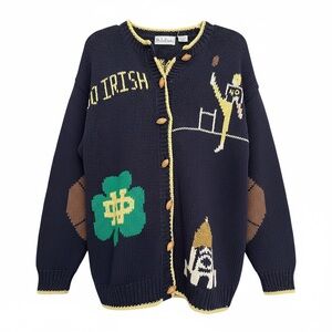 Vtg Notre Dame Navy Fighting Irish Football Cardigan Sweater Women Medium Knit